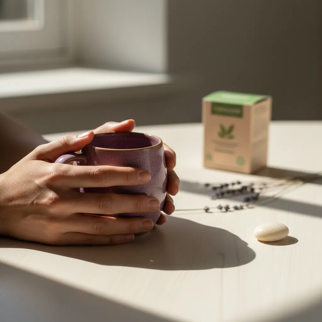 Hands holding a warm ceramic mug in a bright morning kitchen - Slim Coffee Booster daily routine